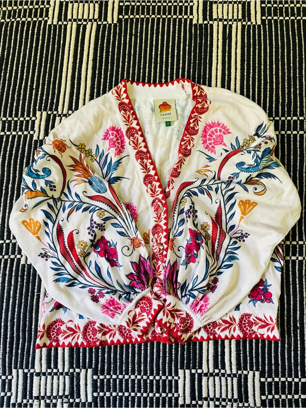 FARM Rio Ivory Cardigan with Red Trim and Pink Floral Accents - Picture 4 of 6